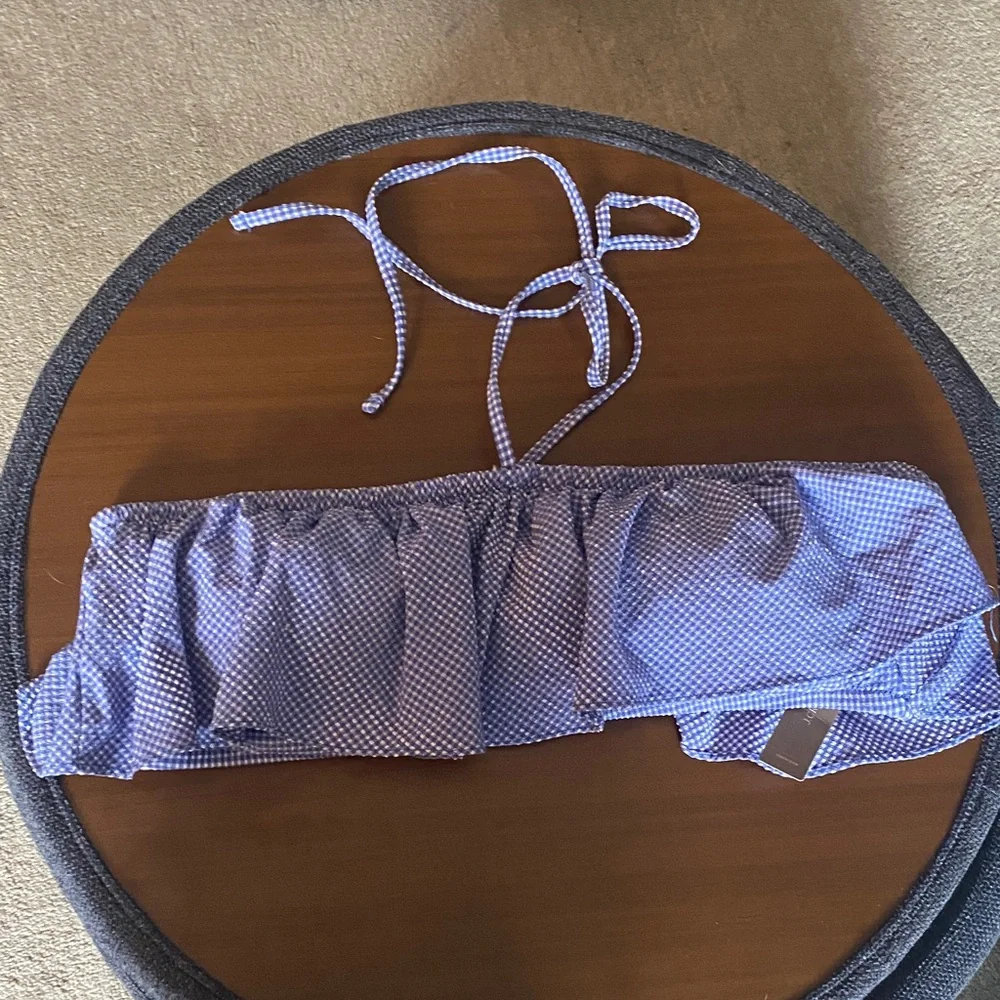 J. Crew Blue & White Ruffle bandeau bikini top in tiny gingham. Size XL.